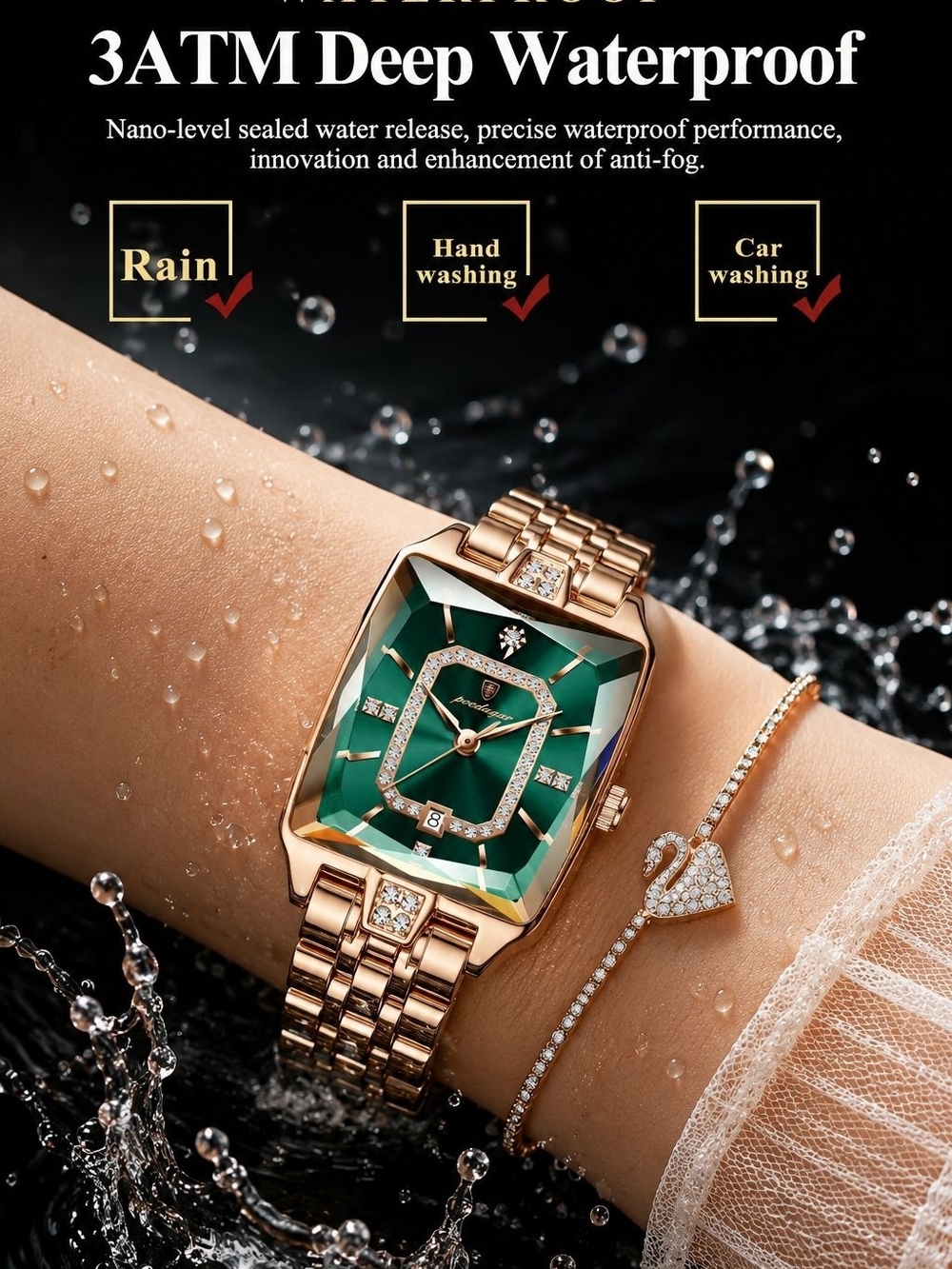 Rose Gold Bracelet Watch with Emerald Green Dial - Picture 2 of 5